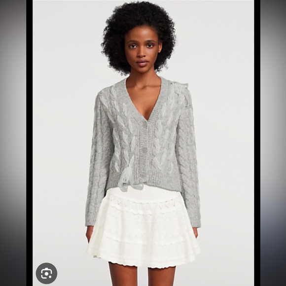 LoveShackFancy Sweaters - LoveShackFancy Heather Gray Cable Knit Sweater with white lace ribbon